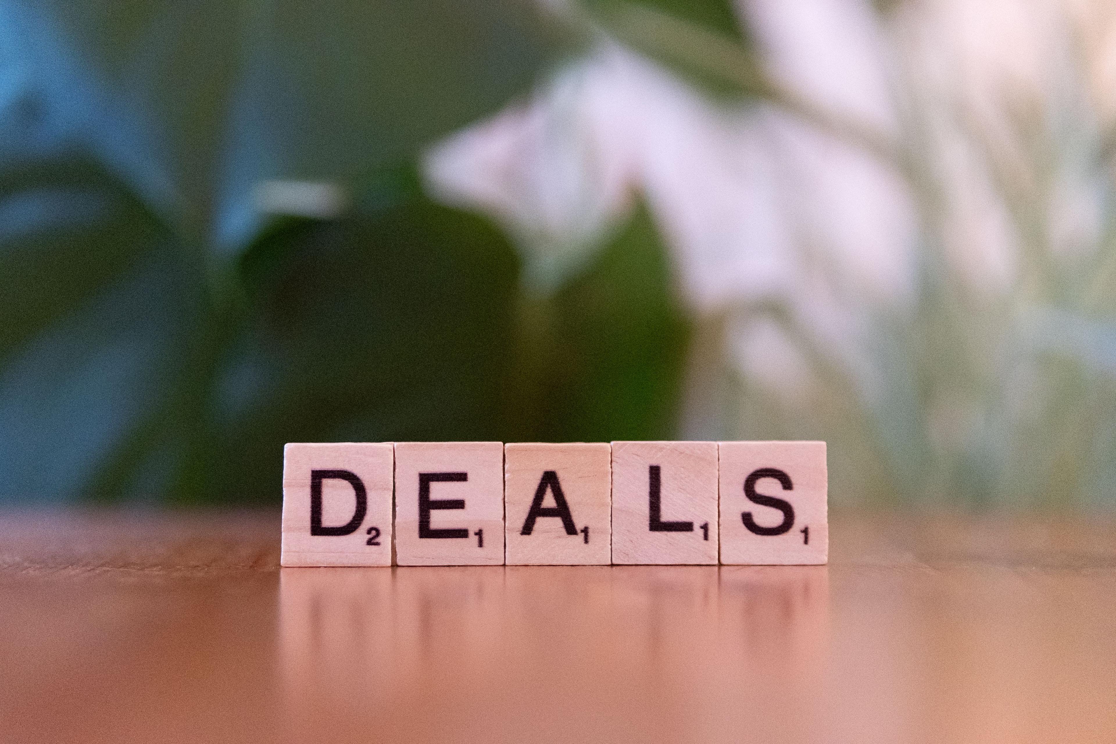 Lettered blocks spelling the word deals